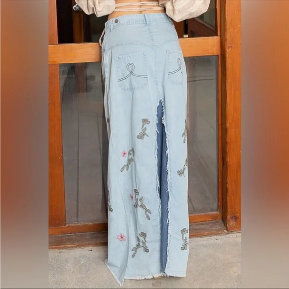 FLOWER CHILD Bohemian Long Denim Maxi Skirt - Picture 5 of 15